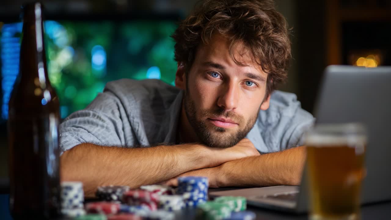 A Young Man Intently Stares at His Computer Screen Surrounded by Poker Chips and Drinks, Reflecting a Moment of Concentration and Engagement in Online Gaming Late at Night