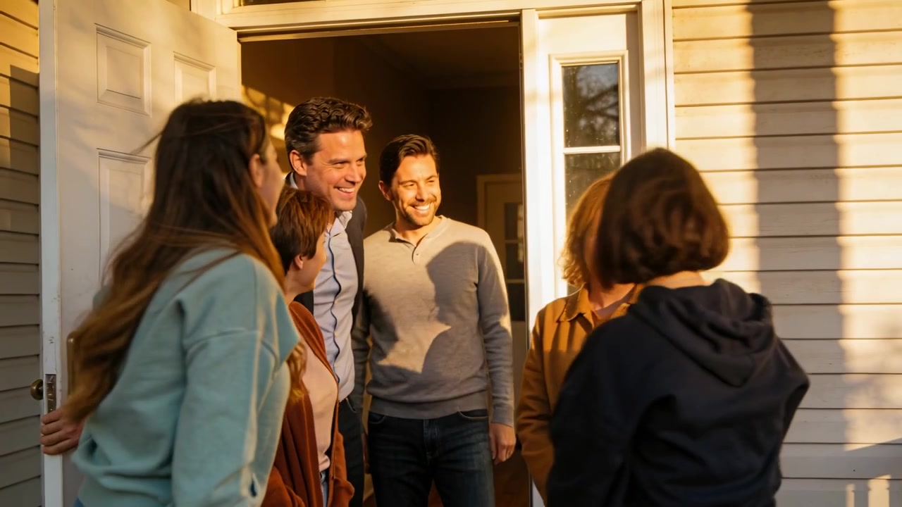 Tenendo aperta la porta d'ingresso, uomo che accoglie la famiglia che si precipita dentro, abbracciandosi sul portico d'ingresso, indossando cappotti