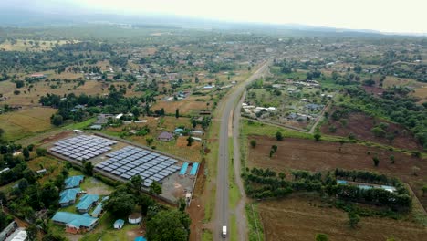 panaromic drone view of the solar farm in rural village of africa