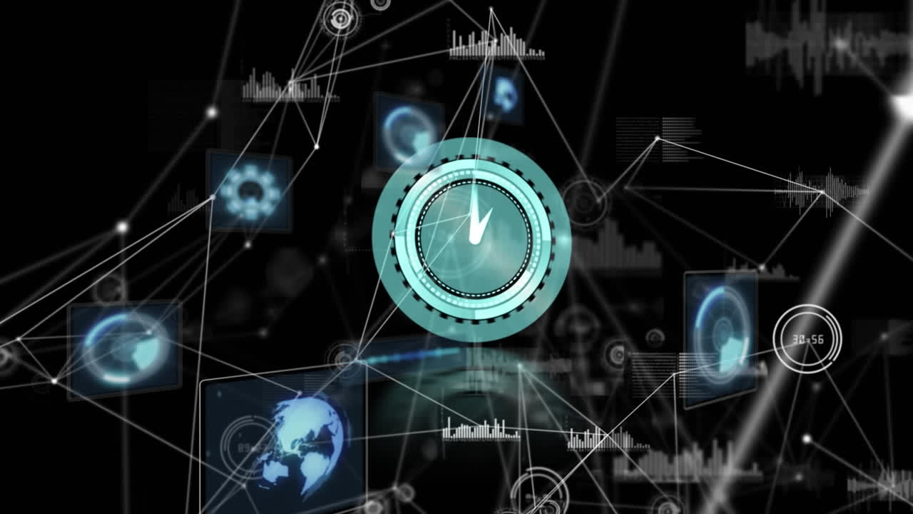 Animation of moving clock over network of connections with data processing on black background