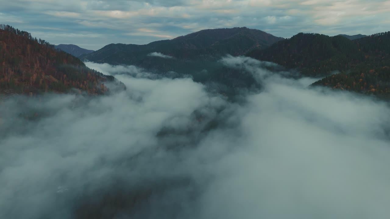 안개 가 가득 한 산 계곡 을 공중 에서 볼 수 있다