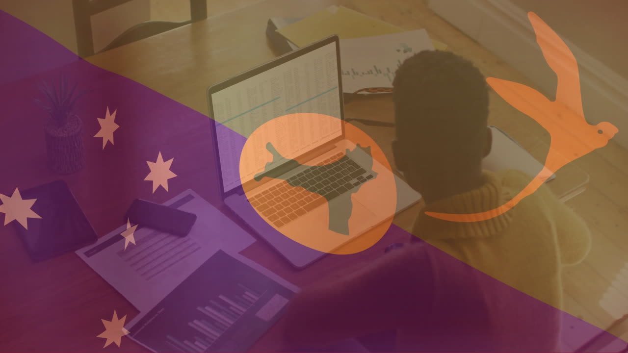 Woman working on laptop home office, displaying animated technology bar chart and smartphone icons