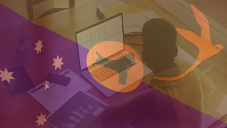 woman working on laptop home office, displaying animated technology bar chart and smartphone icons