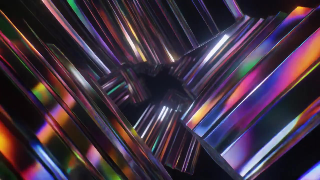 Prismi di vetro astratti rotanti con rifrazioni di luce arcobaleno