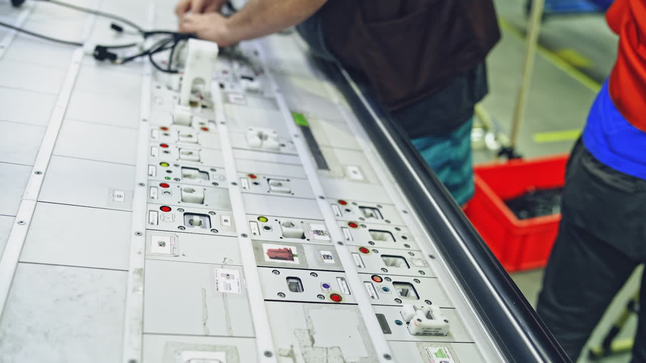 Modern cable producing. Hands of employees who check the quality of the wiring at modern plant on special stand at the production shop