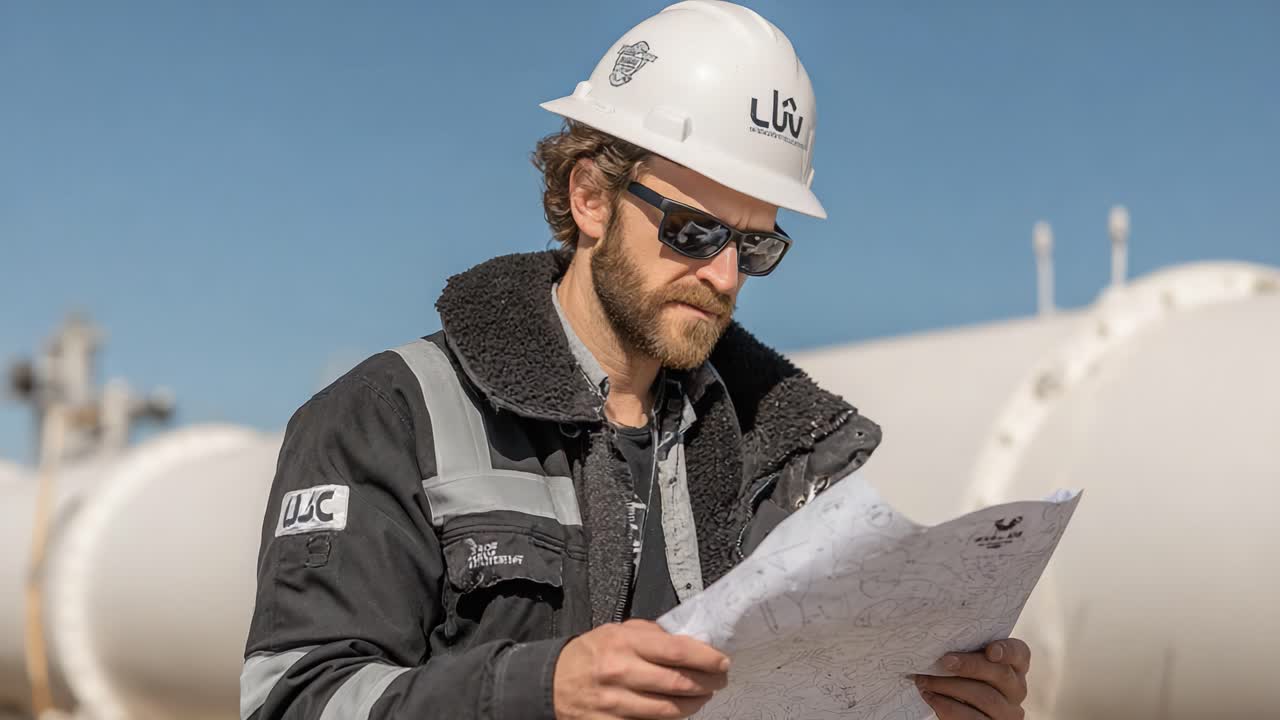 Trabalhador concentrado analisando mapas em canteiro de obras com equipamentos de segurança e óculos de proteção sob céu azul claro