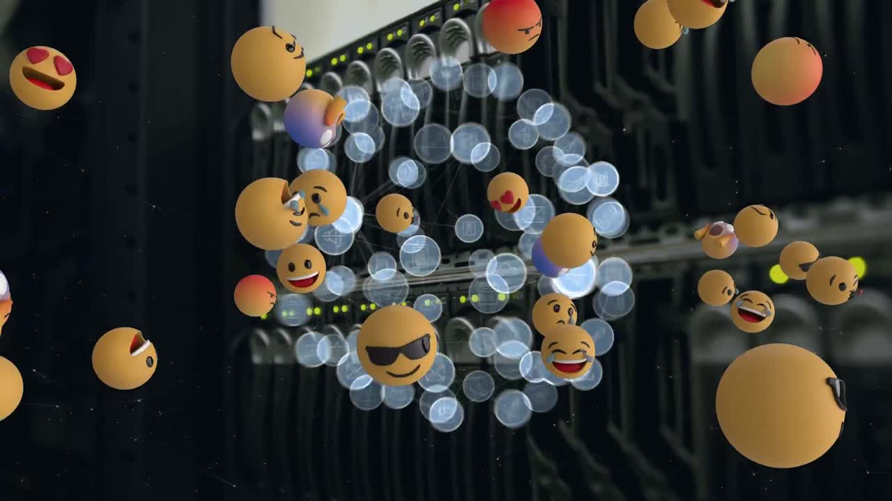 анимация икон смайликов и сеть соединений через серверную комнату