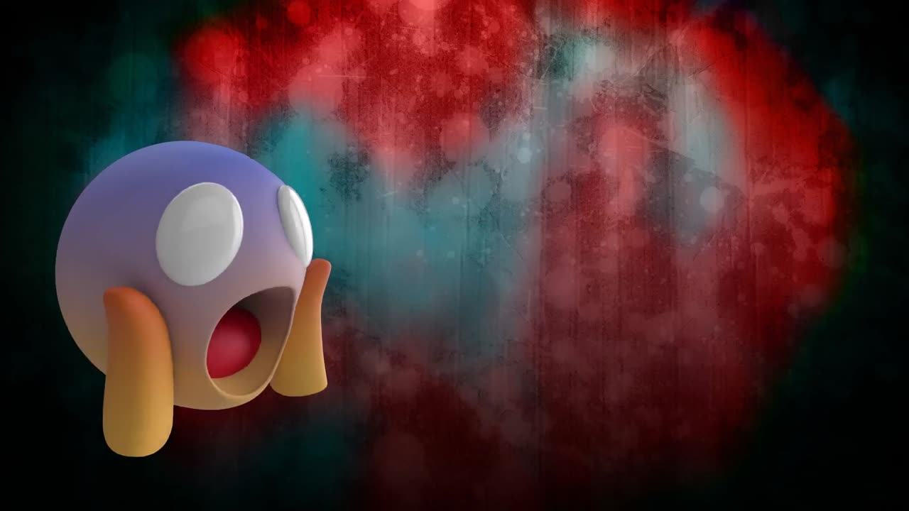 Animation of emoji icon and omg text over shapes on black background