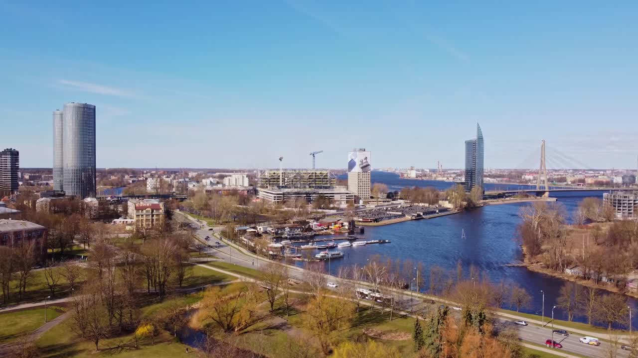Business buildings and ferris wheel near Daugava River, Riga on a sunny spring day
