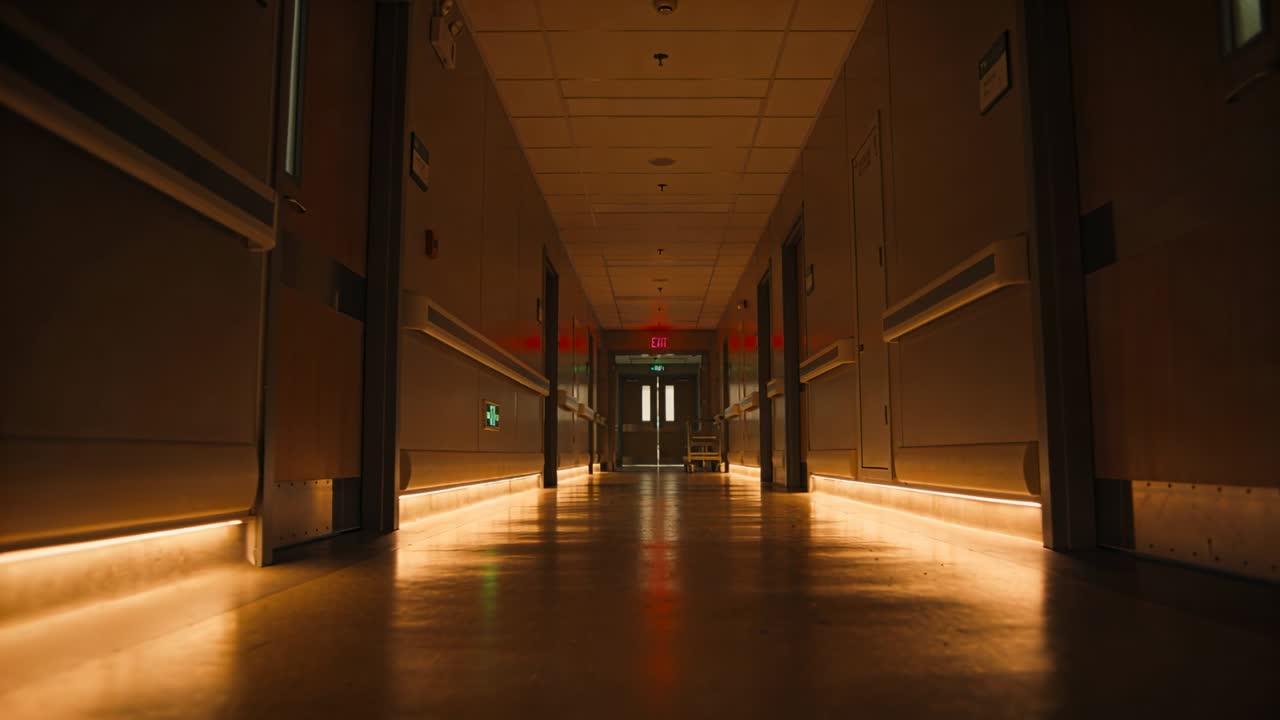 Telecamera a bassa angolazione che avanza in un corridoio medico, con una luce sotto-binario che si sposta verso l'uscita rossa.