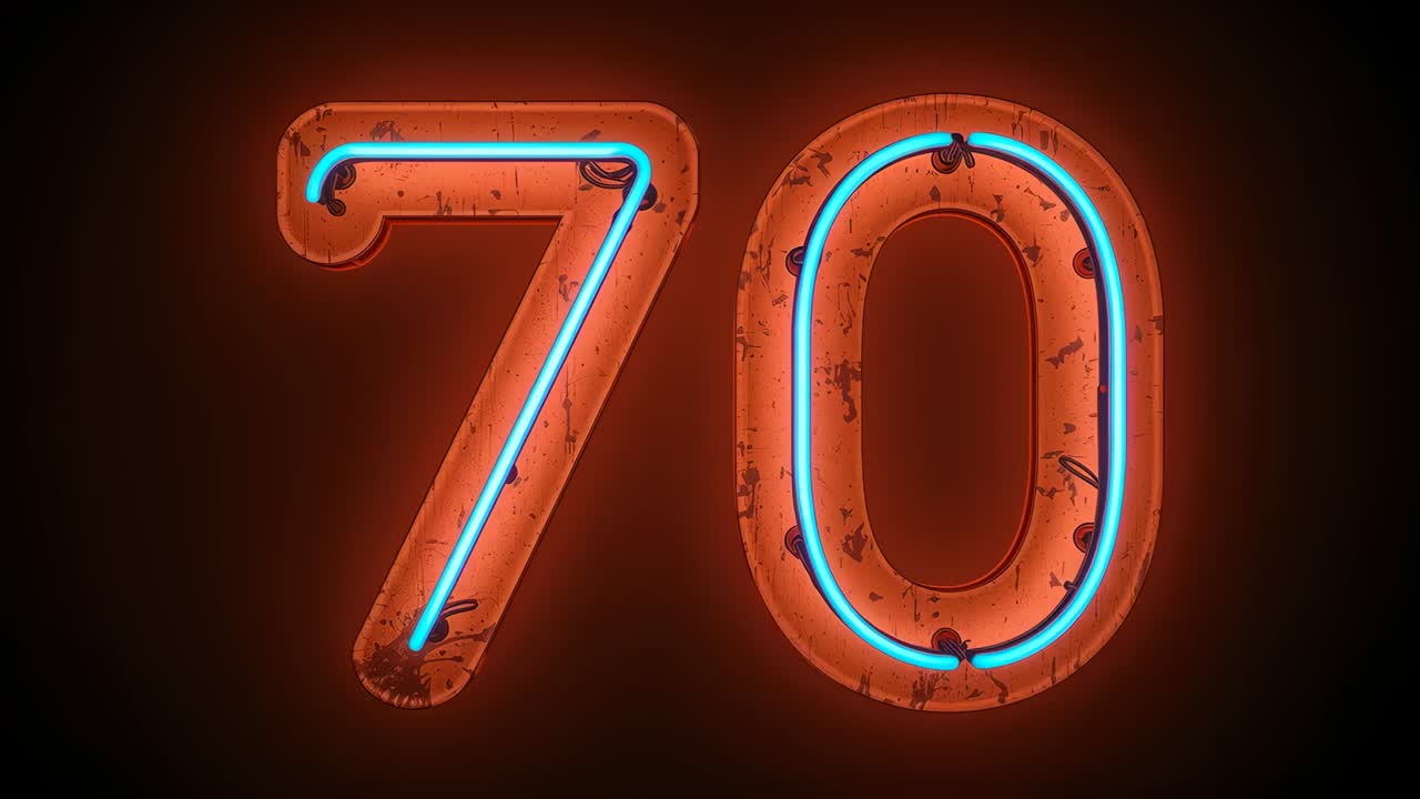 Glowing neon sign 70 receiving power on dark wall, casting halo, showing blue tubing, orange tubes