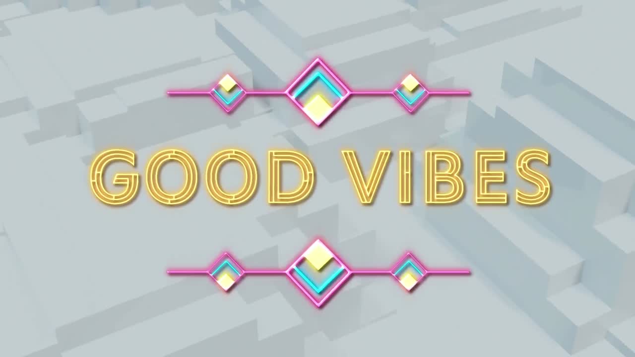 Digital animation of neon good vibes text against square shapes moving on white background