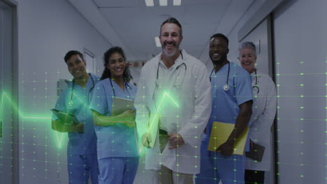 animation of heart rate monitor over team of diverse doctors and health workers smiling at hospital