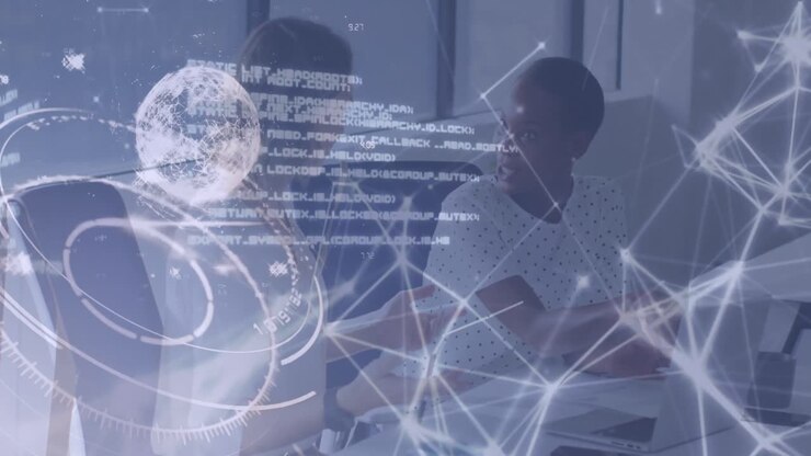 Animation of network of connections and globe over two diverse business people