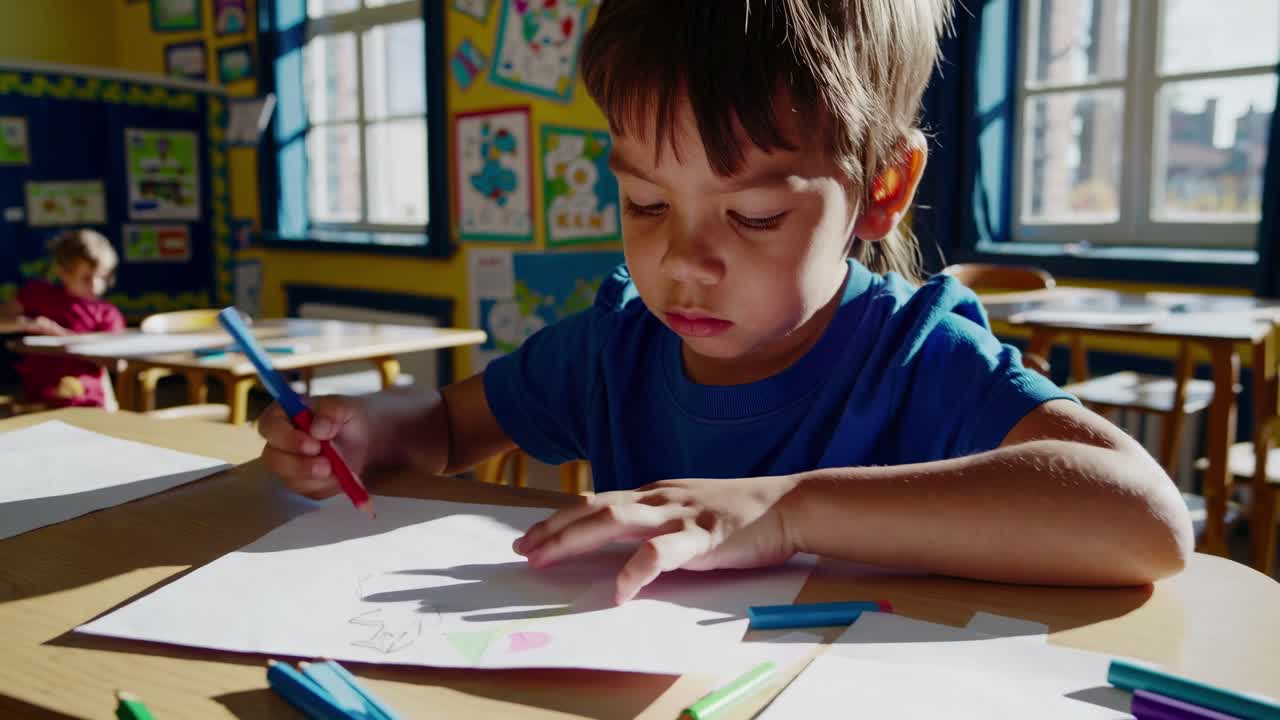 A video still of a child drawing in a sunlit classroom. Captured from a side angle, the scene