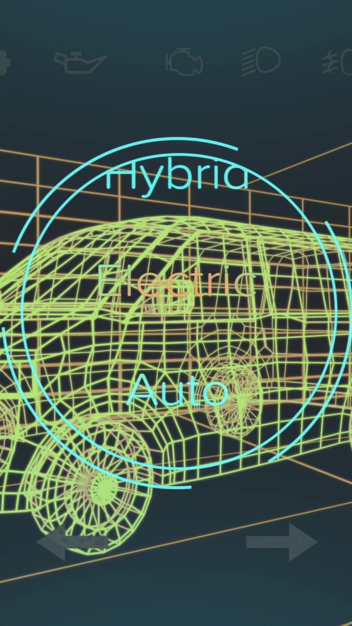 Animation of speedometer and power status data on hybrid vehicle interface, over 3d van model