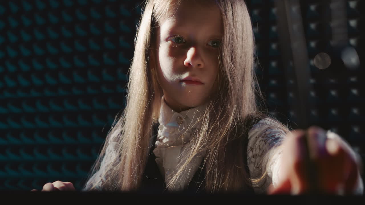 금발 아이는 스튜디오에서 신디사이저 사운드를 정제합니다. 젊은 소녀 연주자는 악기 사운드를 완벽하게 조정합니다. 세부 사항에 대한 주의의 중요성