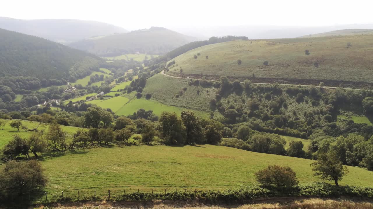 Veduta aerea idilliaca di una vasta e lussureggiante valle di montagna rurale, verde e nebbiosa, con carrellata bassa sopra gli alberi