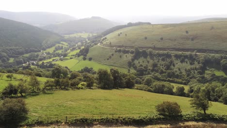 Aerial-view-idyllic-vast-lush-green-rural-misty-mountain-valley-countryside-low-dolly-above-trees