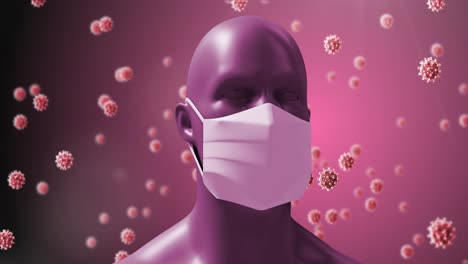 Animation-of-macro-Covid-19-cells-floating-around-a-3D-human-face-on-a-pink-background.-