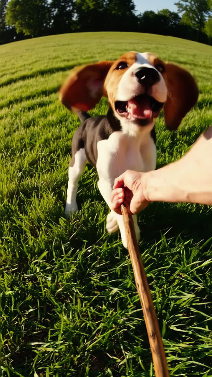 Cucciolo di beagle giocoso con una mano umana in un parco erboso