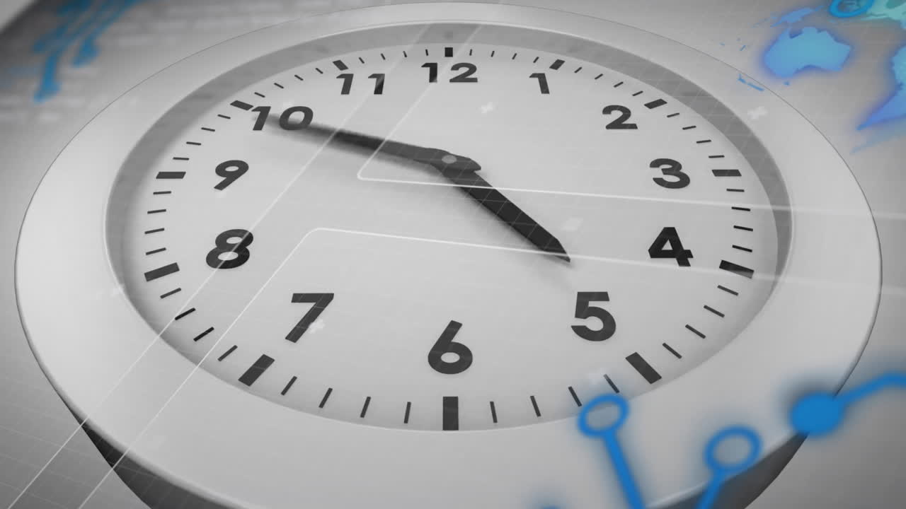 Analog clock showing 4:00 over digital data and graphs animation