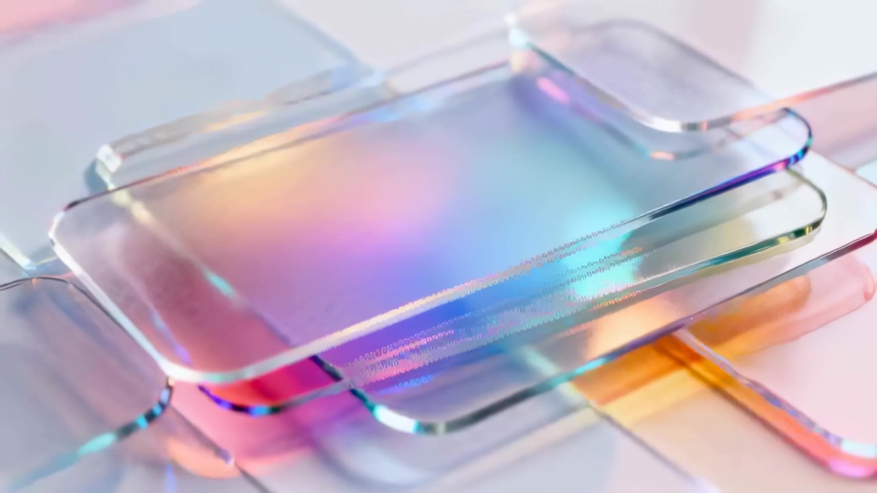 Panning camera making stacked clear plates settling and sliding on glass base, revealing soft glow