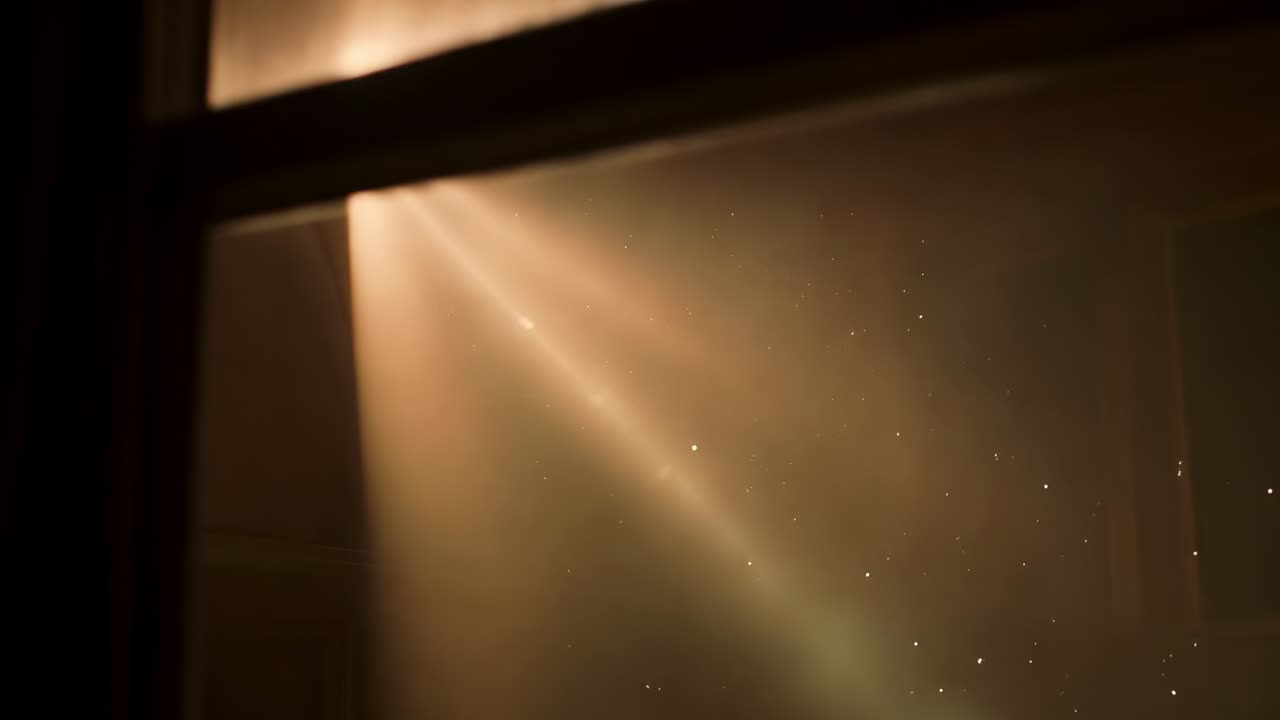 Incidência diagonal da luz solar, varrendo o cômodo através da janela superior esquerda, iluminando partículas de poeira e o tapete