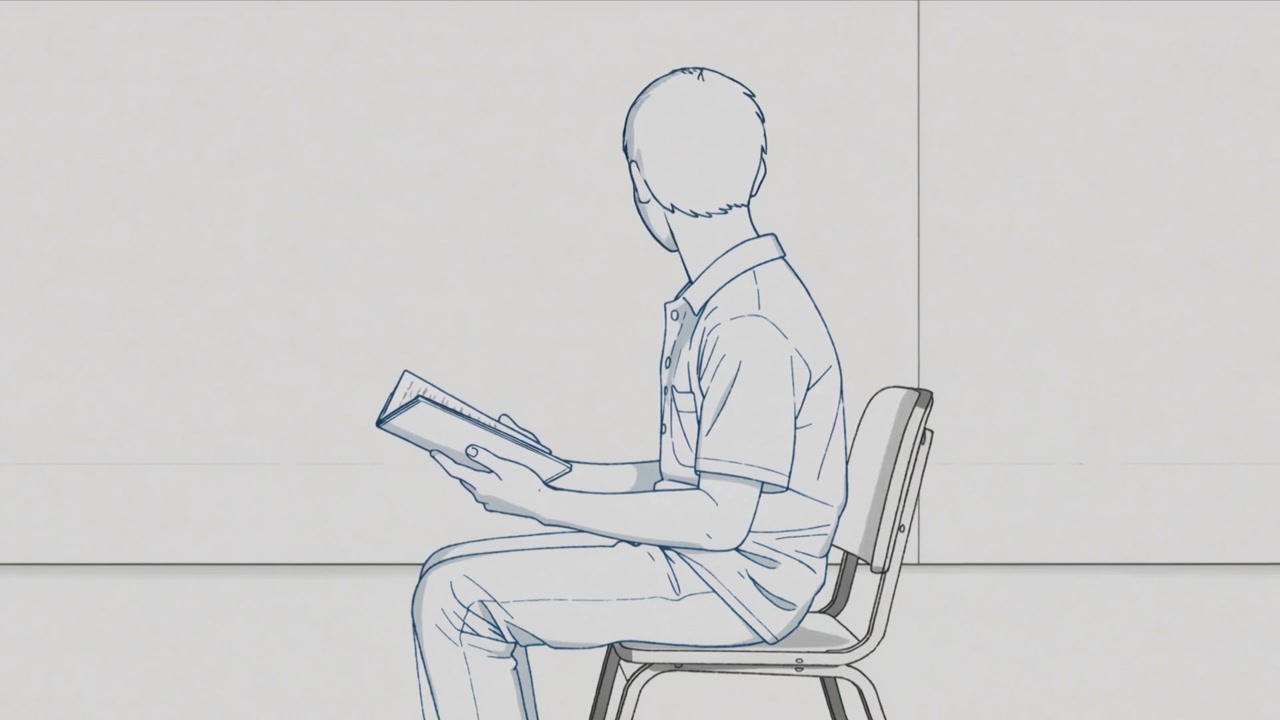 Reading teen flipping book pages after glance behind at school, seated on chair, short-sleeve shirt