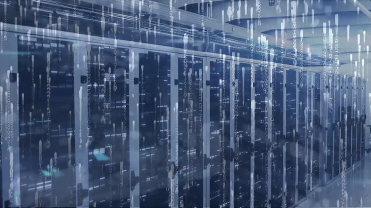 Animation of binary coding and data processing over computer servers