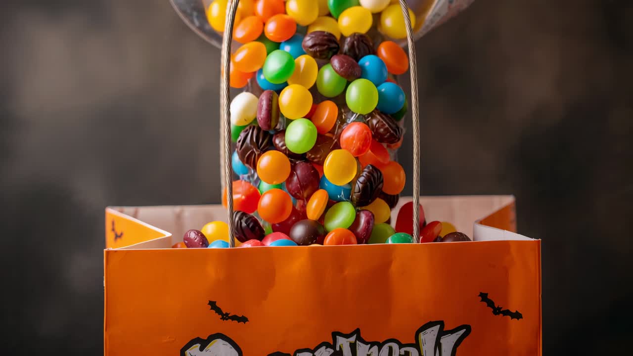 At start dispenser pouring candies into orange Halloween bag in studio between supports for treats