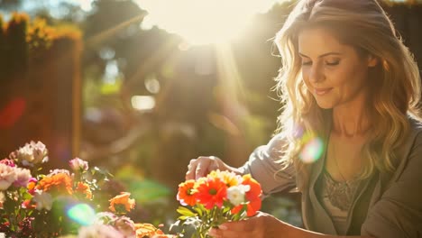 woman arranging vibrant flowers in a sunlit garden during afternoon hours