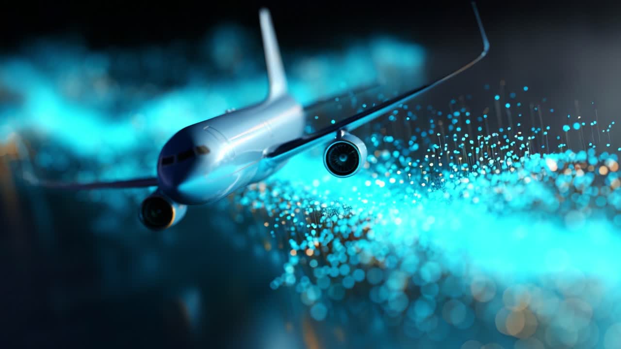 A Stunning Close-Up of an Airplane Model Surrounded by a Vibrant Display of Glowing Particles, Evoking a Sense of Flight and Innovation in a Dreamlike Environment
