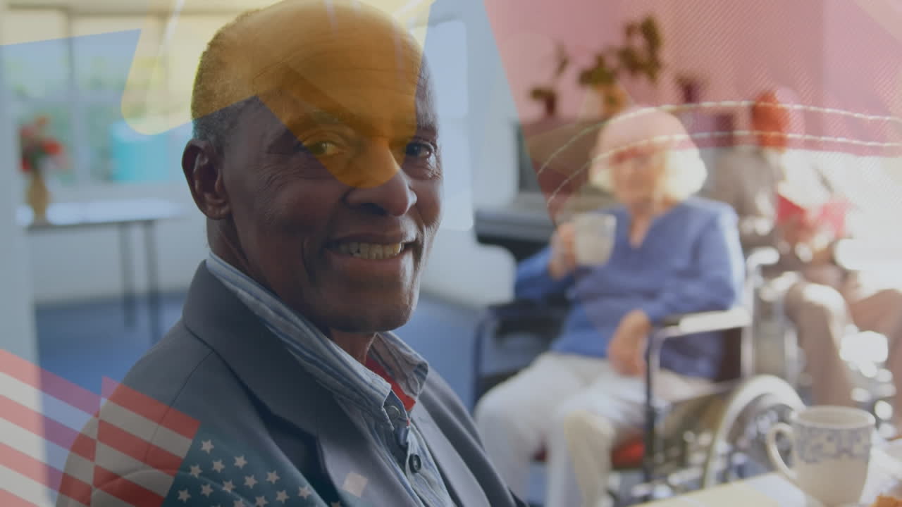 animación de la bandera de ee.uu. sobre personas de edad avanzada diversas