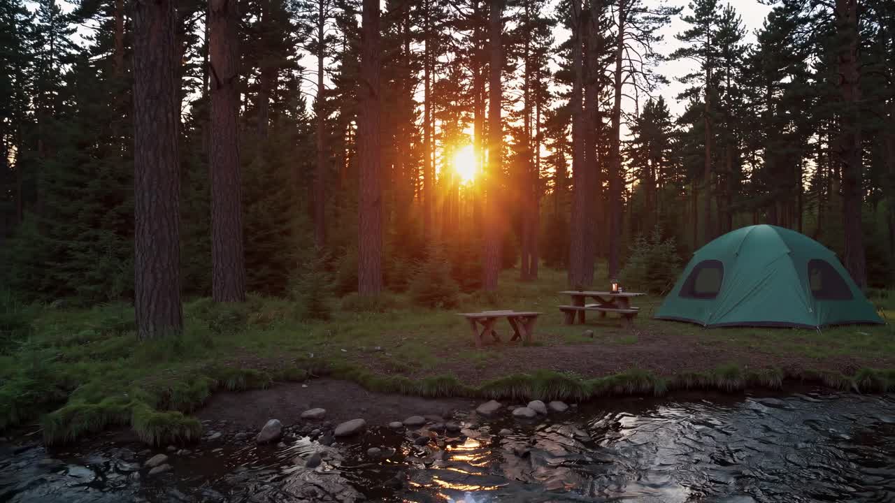 Wide-angle video captures a serene forest campsite at sunset, with a tent and picnic table