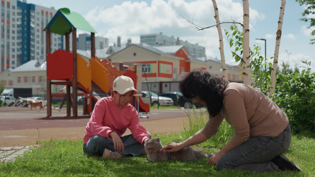 Child Teaches Puppy, Playful Scene Of Girl And Child With Puppy, Young Girl And Child Bonding With Small Dog In Park, Woman And Young Girl Gently Train And Pet Tiny Puppy During Sunny Park Visit
