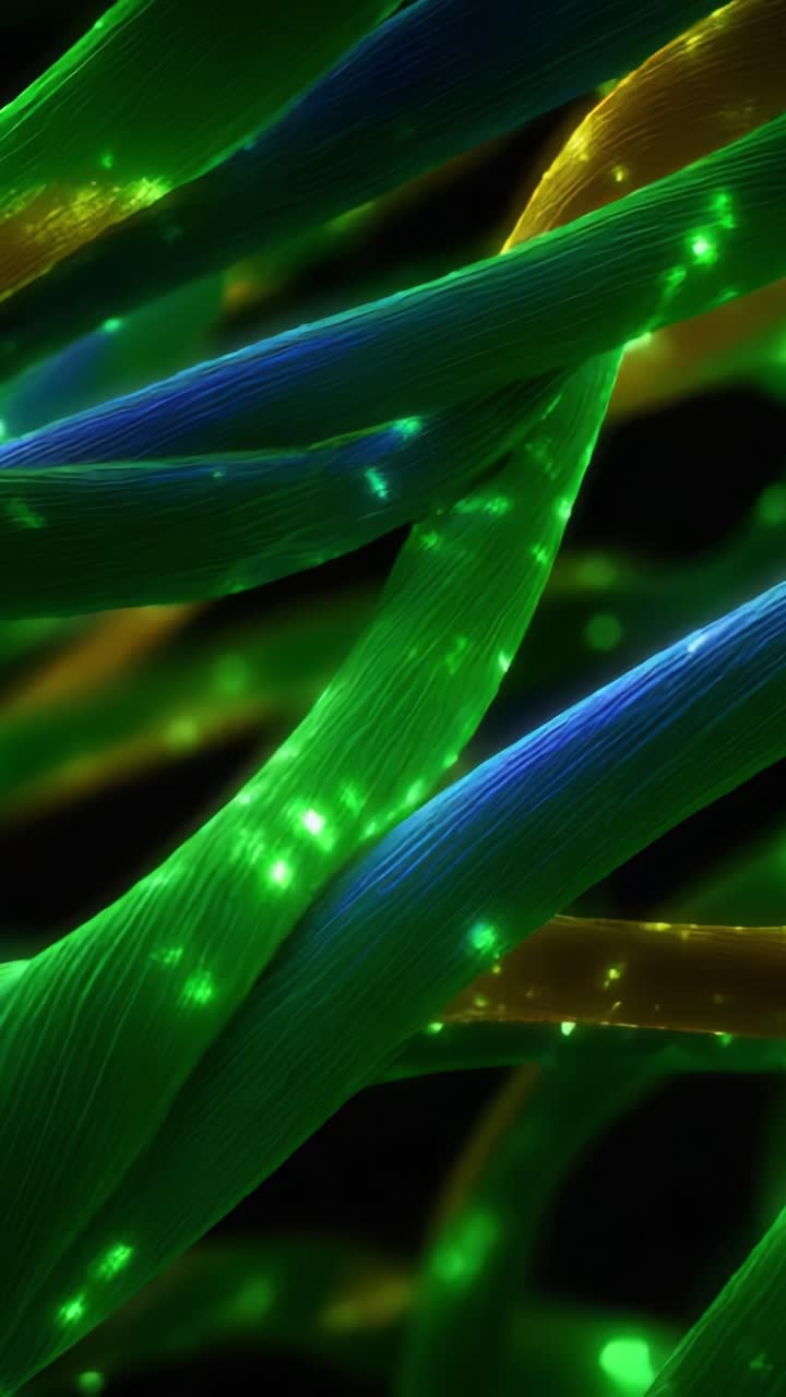 Primi piani complessi di fibre colorate illuminate con effetti bioluminescenti, con motivi di luci verdi, blu e gialle in un ambiente buio