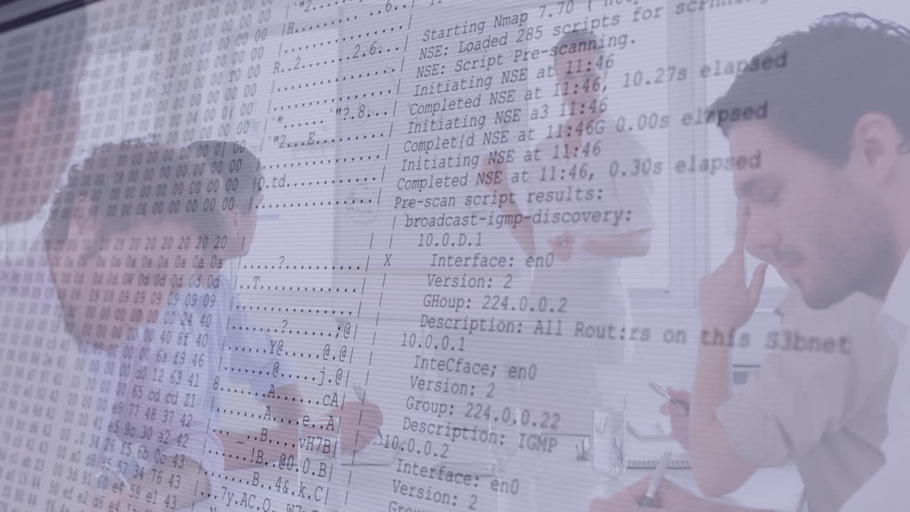 Business meeting overlaid with network data and code processing animation