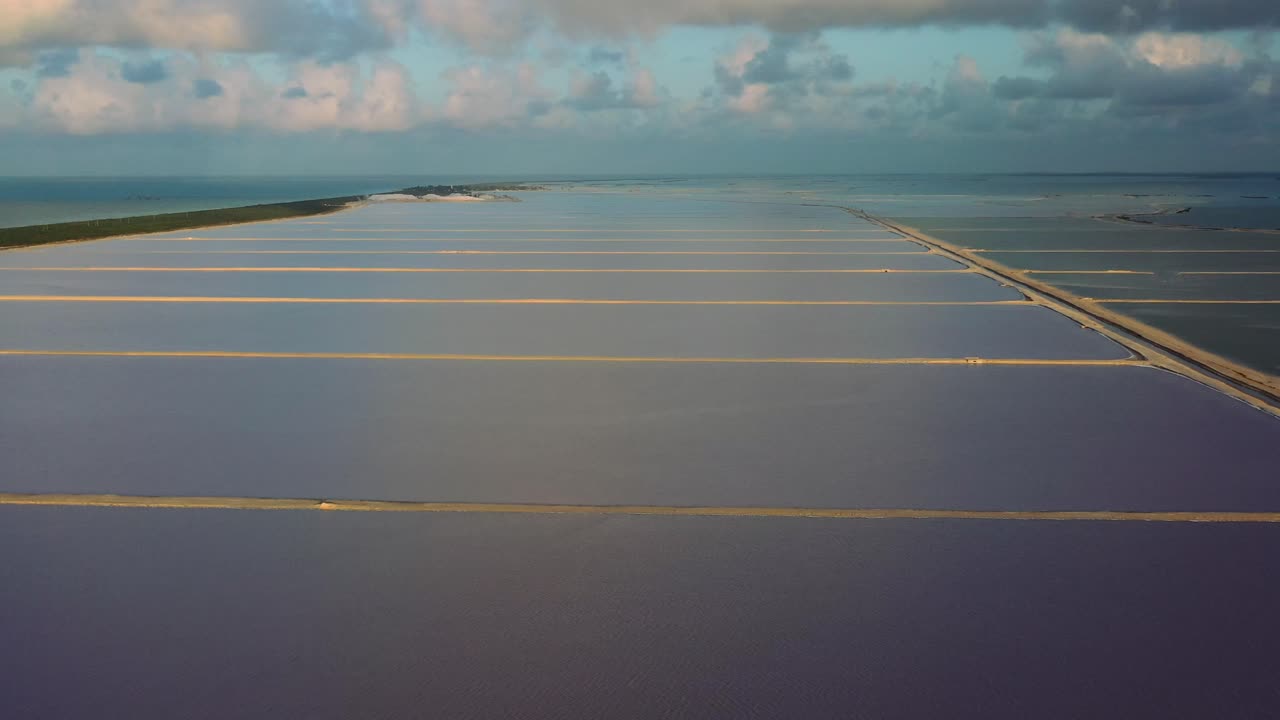 해질 무렵 멕시코의 라스 콜로라다스 호수에서 끝없는 소금 생산의 조감도
