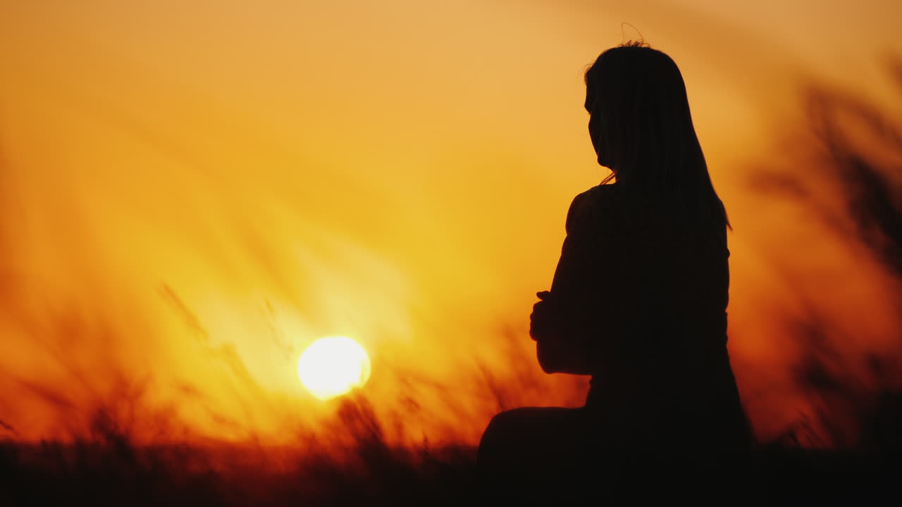 Silhouette Of A Woman In High Grass At Sunset Grass Swaying In The Wind