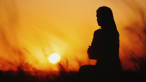 Silueta-De-Una-Mujer-En-La-Hierba-Alta-Al-Atardecer-Hierba-Meciéndose-En-El-Viento