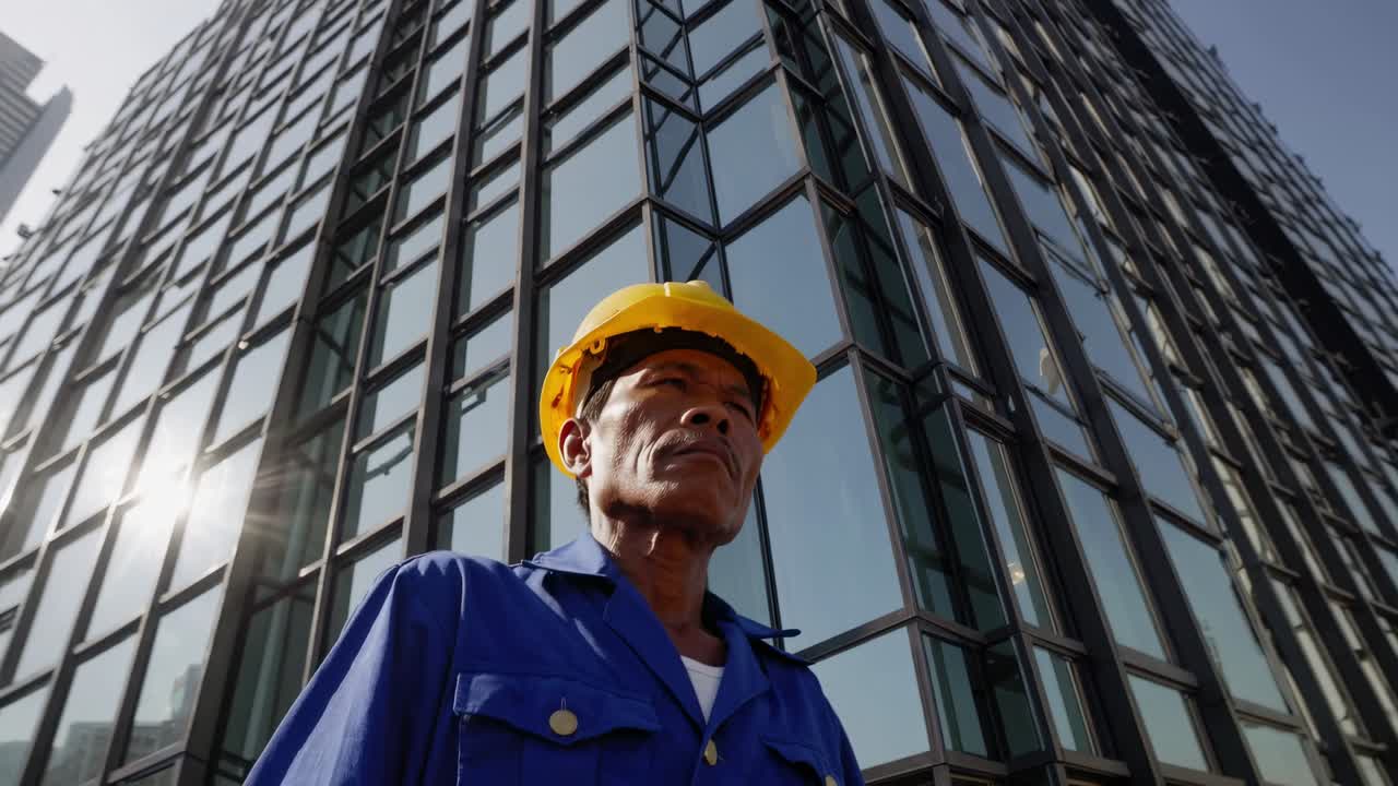 Construction worker wearing blue overall and yellow helmet standing in front of modern building reflecting on the next steps of the construction project
