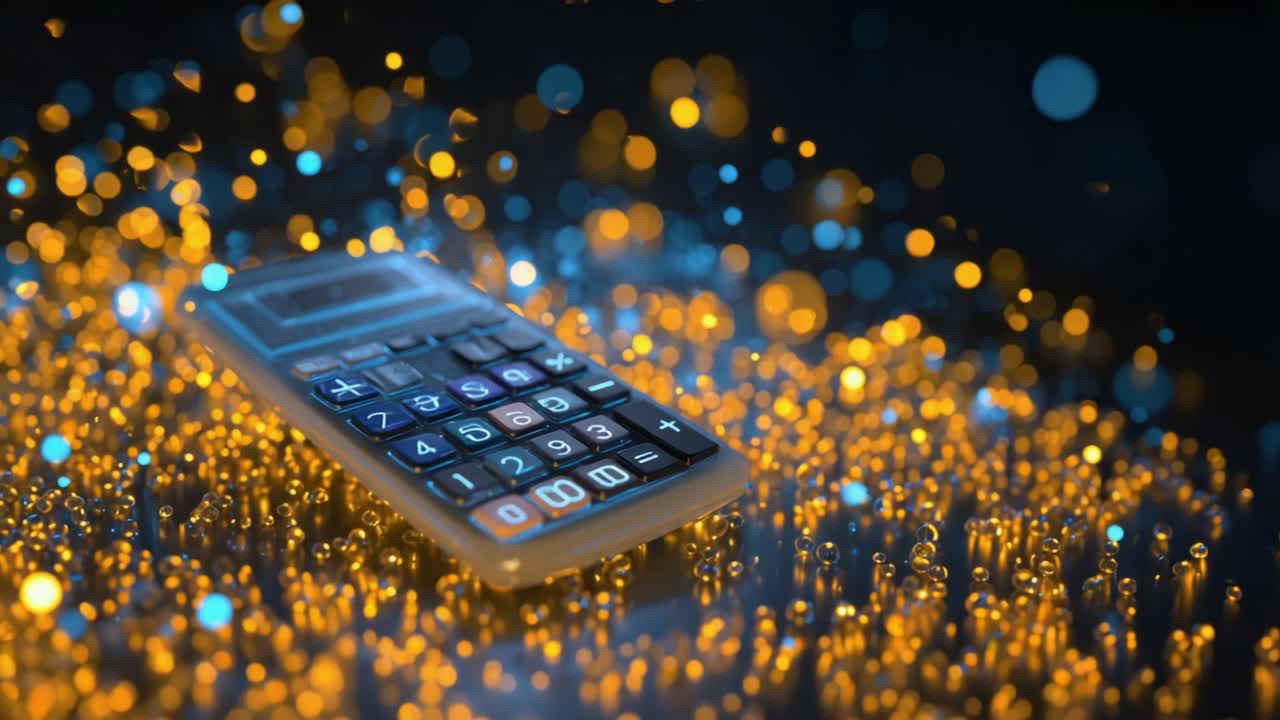Futuristic calculator glowing amid bokeh lights, symbolizing digital finance, complex calculations, accounting and analytics for business, budgeting, investment and growth