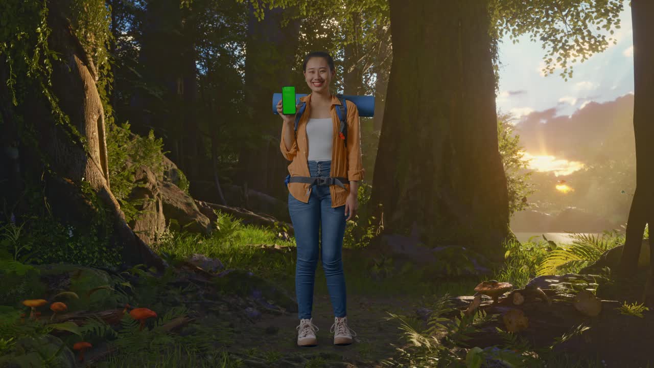 Full Body Of Asian Female Hiker With Mountaineering Backpack Smiling And Showing Mock Up Green Screen Smartphone While Exploring Forest Nature