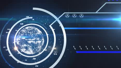 Animación-Del-Giro-Del-Globo-Y-Procesamiento-De-Datos-Sobre-Fondo-Azul-Brillante