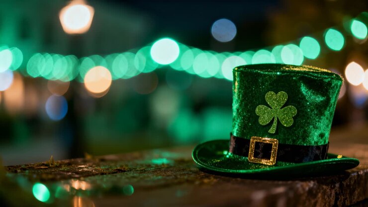 Holding camera capturing green hat bearing shamrock gold buckle on wet ledge at night, copy space