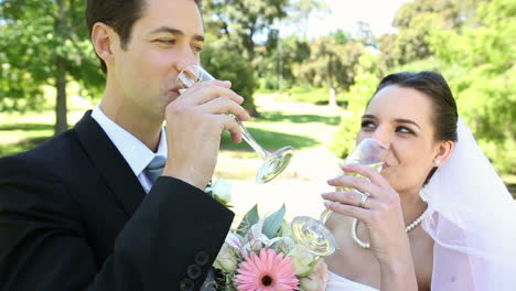 happy newlyweds toasting with champagne by the wedding cake