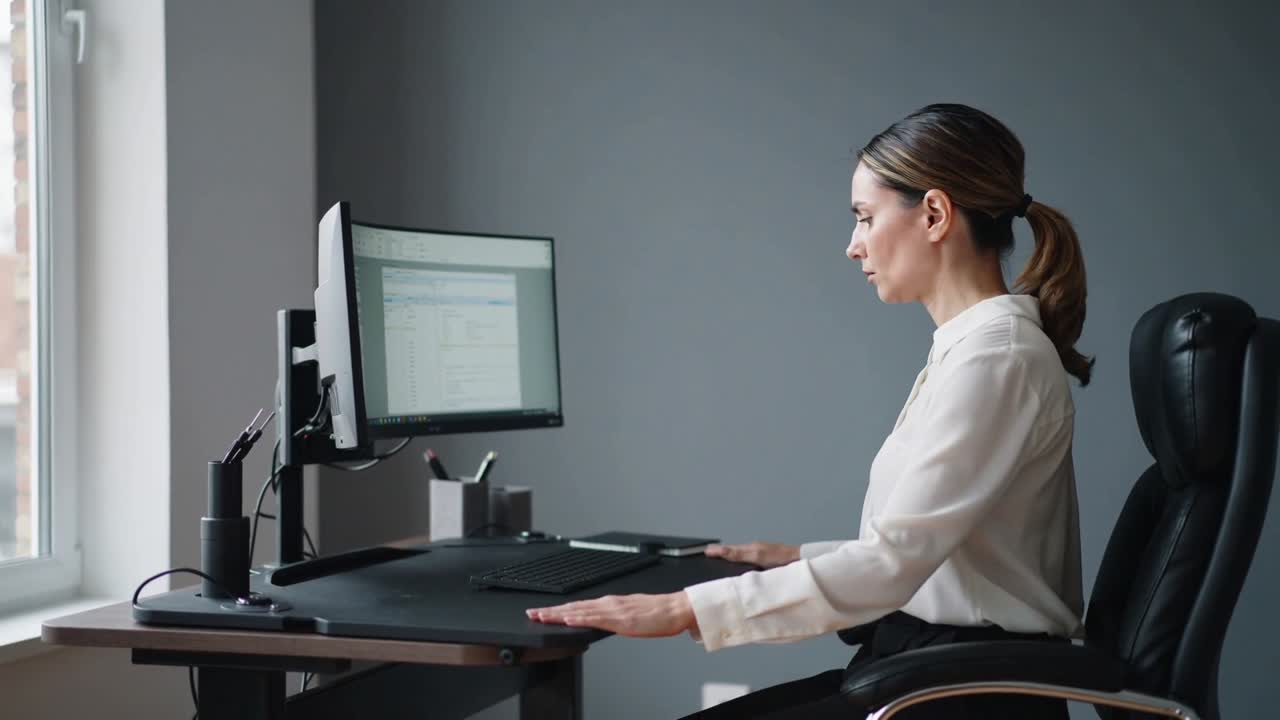 Donna in camicetta bianca e pantaloni neri che cammina verso la scrivania di casa, abbassando il vassoio e sedendosi per prepararsi al lavoro