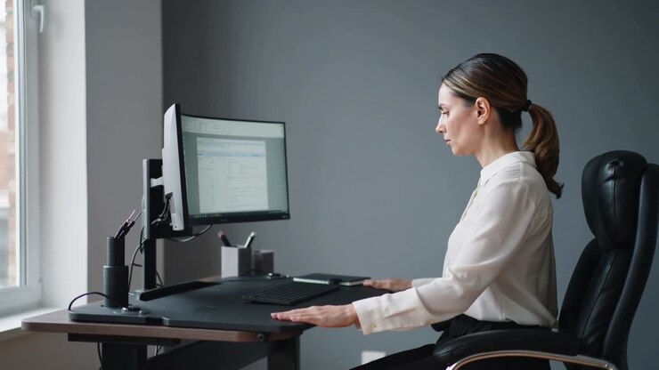 Donna in camicetta bianca e pantaloni neri che cammina verso la scrivania di casa, abbassando il vassoio e sedendosi per prepararsi al lavoro