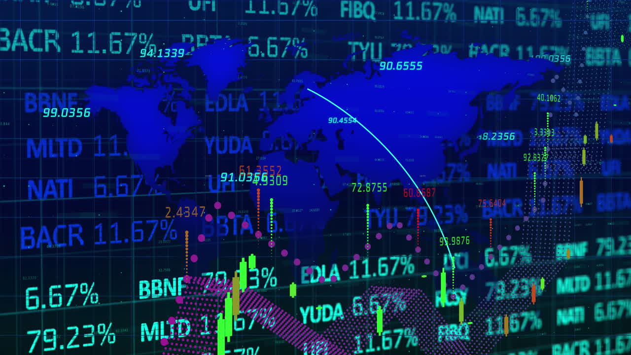 Animation of graphs with changing numbers over map against trading board on abstract background
